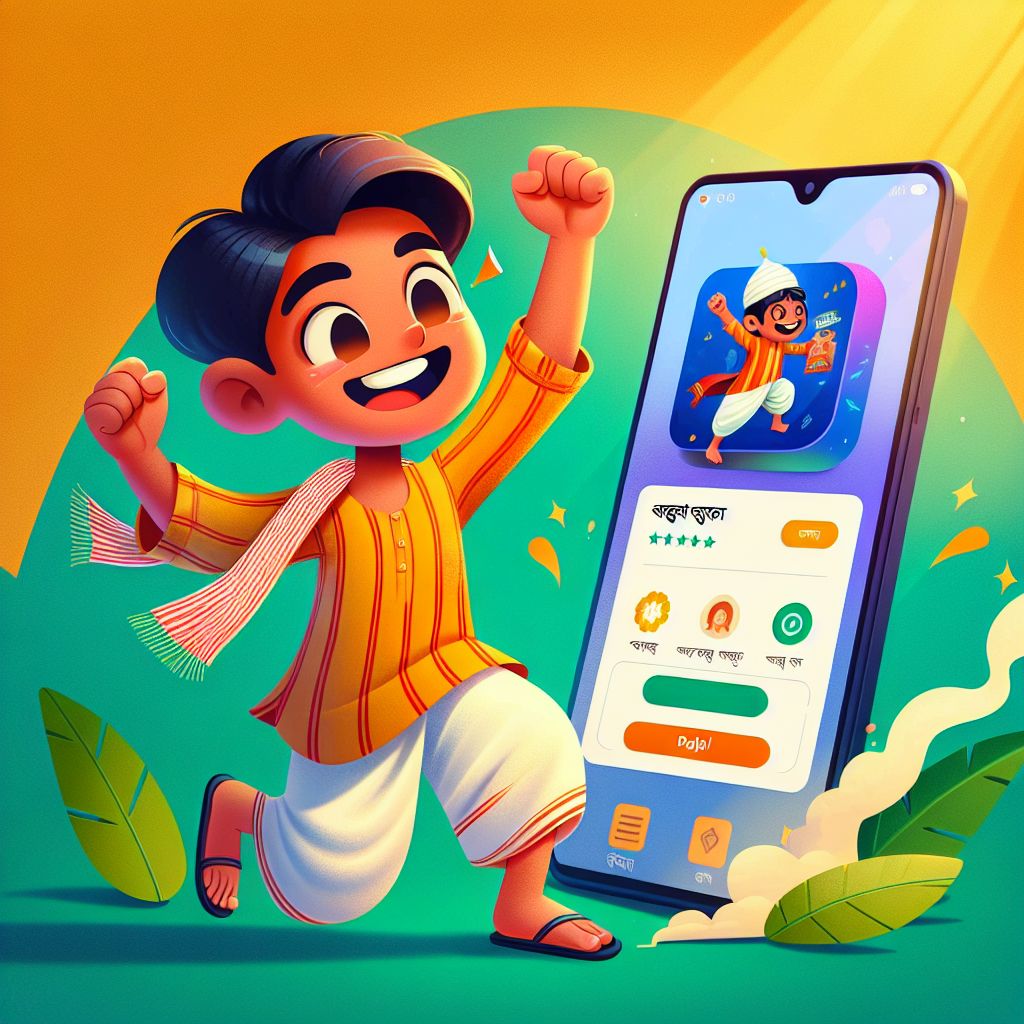 Cartoon character installing a mobile gaming app on a smartphone